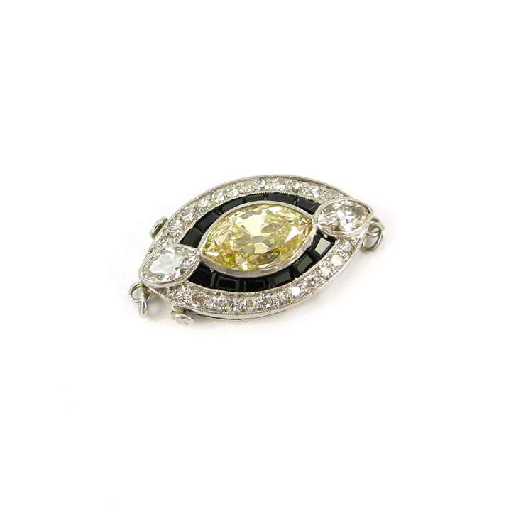 Fancy intense yellow marquise and white diamond and onyx target cluster clasp